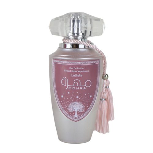 Lattafa Mohra Silky Rose Eau de Parfum frasco de 100 ml con tapón decorativo transparente y detalle de borla rosa.