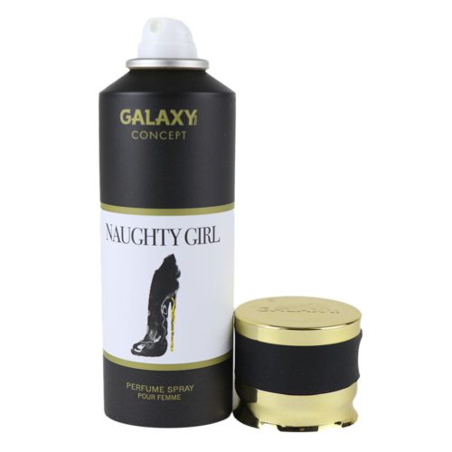 Perfume en spray Naughty Girl para mujer de Galaxy Concept con tapón abierto, que muestra el diseño negro y dorado del frasco y la ilustración de tacón alto.