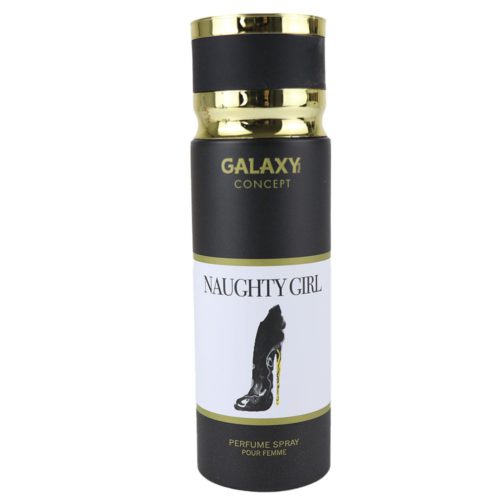 Perfume en spray Naughty Girl para mujer de Galaxy Concept, lata de 200 ml con un diseño negro y dorado, que presenta una elegante ilustración de tacón alto en la etiqueta.