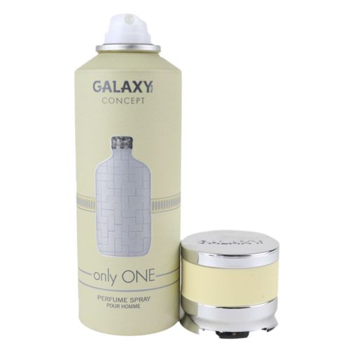 Galaxy Concept Only ONE Perfume Spray para hombre 200 ml, vista frontal con el tapón retirado, revelando la boquilla pulverizadora, en una lata de color beige claro con detalles plateados.