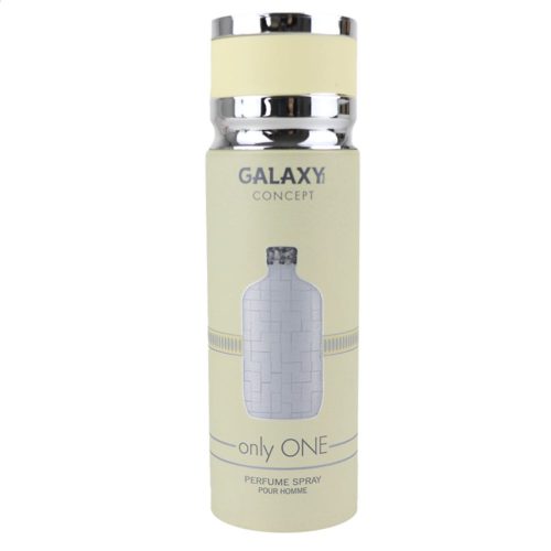 Galaxy Concept Only ONE Perfume Spray for Men 200 ml, vista frontal con el tapón puesto, mostrando el elegante bote de color beige claro con detalles plateados.
