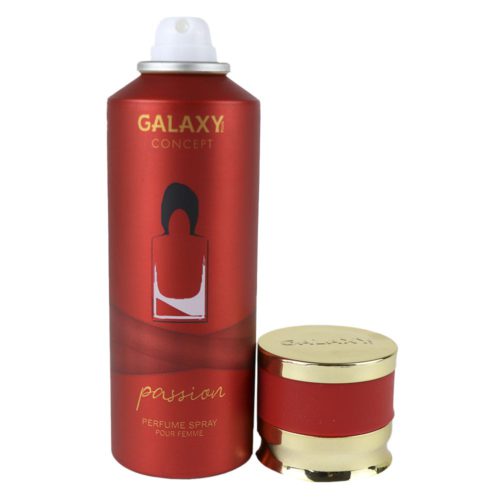 Perfume Passion en spray para mujer de Galaxy Concept, lata de 200 ml con un atrevido diseño rojo, que presenta una ilustración de un frasco de perfume en forma de silueta. El tapón dorado y rojo se coloca junto al bote.
