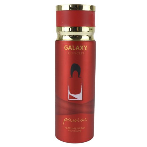 Vista frontal del spray de perfume Passion para mujer de Galaxy Concept, en el que destaca el diseño en rojo con una ilustración del frasco de perfume en forma de silueta y detalles dorados.