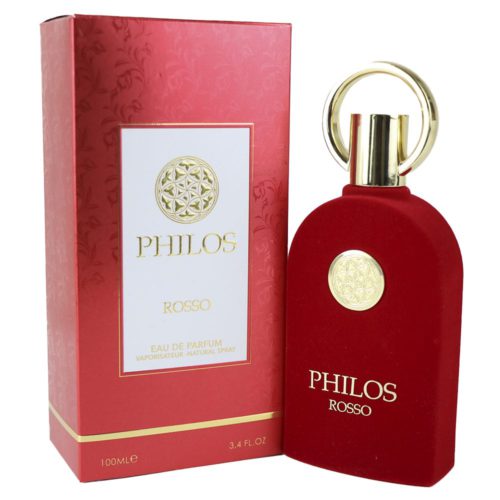 Philos Rosso Eau de Parfum for Men de Maison Alhambra, 100 ml, frasco de terciopelo rojo con detalles dorados y asa circular, mostrado junto a la caja roja a juego.