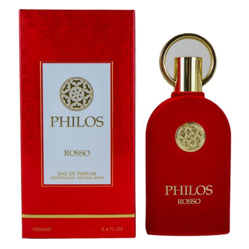 Un frasco de perfume rojo con detalles dorados y empaque a juego etiquetado como "PHILOS ROSSO," Eau de Parfum, 100 ml.
