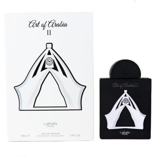 Art of Arabia II: «Art of Arabia II Eau de Parfum de Lattafa Pride, con un frasco negro con un exclusivo diseño geométrico blanco y una caja blanca a juego.