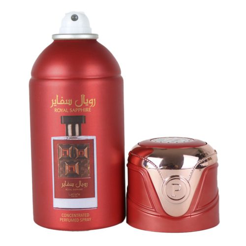 Frasco de spray perfumado concentrado Lattafa Royal Sapphire en rojo intenso, exhibido con su tapón rojo y dorado a juego al lado, con un atrevido diseño geométrico y la marca árabe.