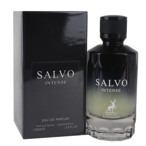 Salvo Intense Eau de Parfum 100 ml de Maison Alhambra, con un frasco degradado de negro a transparente junto a su elegante envase negro.