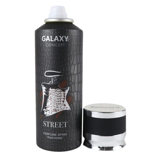Galaxy Concept Street Perfume Spray for Men 200 ml, vista frontal con el tapón retirado, mostrando la boquilla del spray en un bote negro texturizado con detalles plateados.