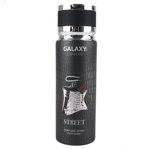 Galaxy Concept Street Perfume Spray para hombre 200 ml, vista frontal con el tapón puesto, con un bote negro texturizado con detalles cromados y un elegante diseño del frasco.