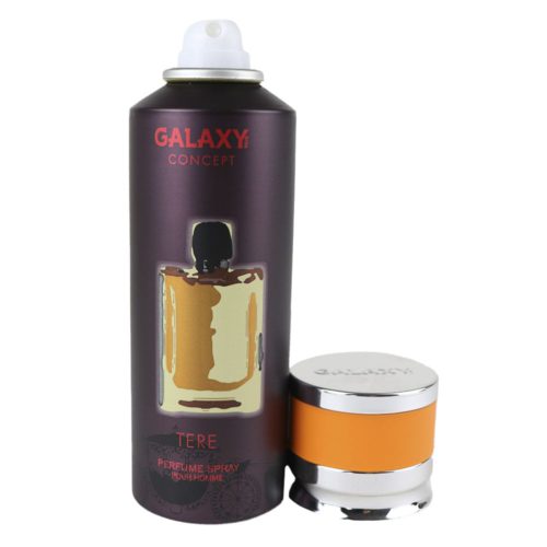 Perfume en aerosol Galaxy Concept Tere para hombre, lata de 200 ml, con el tapón retirado para mostrar la boquilla pulverizadora. El frasco tiene un diseño naranja y oscuro.
