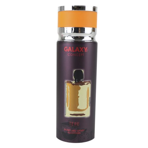 Vista frontal del perfume en spray Galaxy Concept Tere para hombre, frasco de 200 ml, con un diseño oscuro con tapón naranja y un gráfico de una botella de estilo vintage.