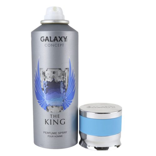Galaxy Concept The King Perfume Spray para hombre 200 ml, vista frontal con el tapón quitado, mostrando la boquilla del spray en un bote plateado con detalles de alas azules.