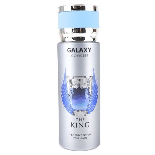 Galaxy Concept The King Perfume Spray for Men 200 ml, vista frontal con el tapón puesto, mostrando el elegante diseño plateado con detalles azules y el logotipo alado.