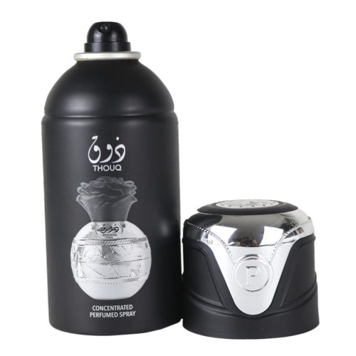 Lattafa Pride Thouq Concentrated Perfumed Spray 250ml in a black canister with silver detailing, featuring an illustration of a perfume bottle with a rose cap.