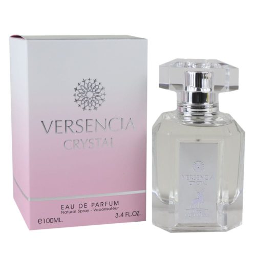 Versencia Crystal Eau de Parfum 100 ml de Maison Alhambra, con un frasco transparente con tapón facetado junto a su estuche en degradado rosa.