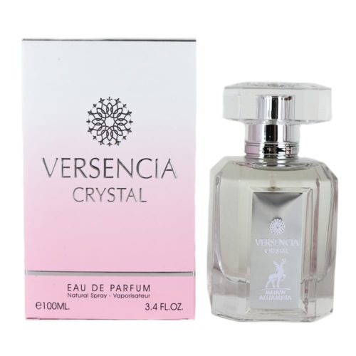 Versencia Crystal Eau de Parfum de Maison Alhambra, que muestra un frasco de perfume transparente de 100 ml con etiqueta plateada, junto a una caja con degradado rosa y blanco.
