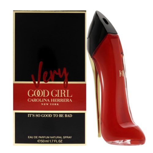 Eau de Parfum Very Good Girl de Carolina Herrera, frasco de 50 ml en el icónico diseño rojo de tacón alto, con envase negro y rojo a juego.