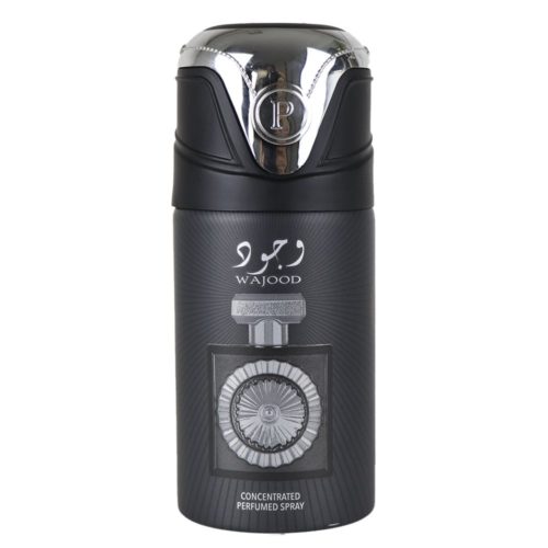 Frasco de spray perfumado concentrado Lattafa Wajood en negro con tapón plateado, que muestra un diseño inspirado en los engranajes y una estética moderna.