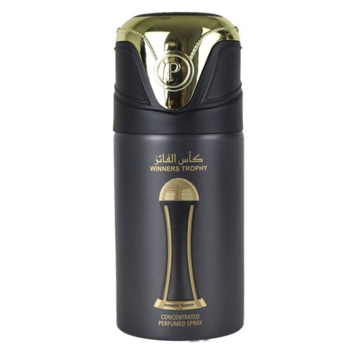 Lattafa Winners Trophy frasco de spray perfumado concentrado dorado y negro, con tapón dorado y un diseño elegante y masculino con el emblema de un trofeo.