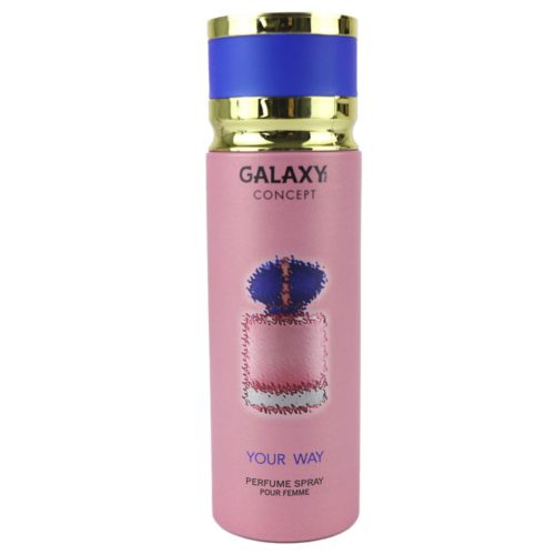 Perfume en spray Your Way para mujer de Galaxy Concept, lata de 200 ml con diseño rosa y tapón azul y dorado, con ilustración de un frasco de perfume en la etiqueta.