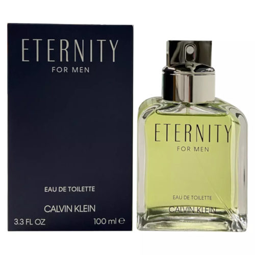 Calvin Klein Eternity for Men eau de toilette, con frasco transparente y tapón negro, junto a su envase gris oscuro texturizado con el nombre de la fragancia en letras plateadas.