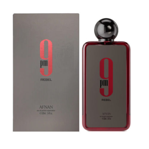 9 PM Rebel Eau de Parfum de Afnan, con un elegante frasco rojo y gris con una atrevida tipografía y una caja gris a juego.