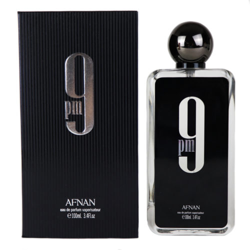 Afnan 9 PM Eau de Parfum para hombre, 100 ml, frasco junto a su estuche negro texturado a juego, ambos con el logotipo plateado «9 pm».