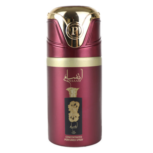 Vista frontal del Lattafa Pride Ansaam Gold Spray Perfumado Concentrado para mujer, 200 ml, con un frasco granate y dorado con un diseño floral ornamentado y escritura árabe.