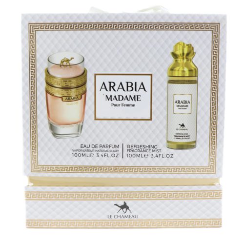 Set de regalo Arabia Madame Eau de Parfum y Refreshing Fragrance Mist de Le Chameau, con un elegante envase blanco y dorado de lujoso diseño.