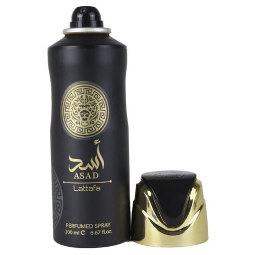 Spray perfumado Lattafa Asad para hombre, 200 ml, con un elegante diseño negro y dorado con el emblema de un león y el tapón retirado, que deja ver la boquilla del spray.