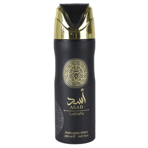 Vista frontal del spray perfumado Lattafa Asad para hombre, de 200 ml, en un elegante frasco negro con detalles dorados, incluido el emblema de un león y el nombre de la marca.
