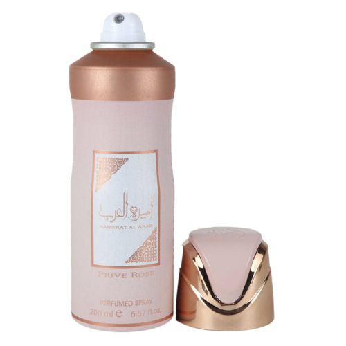 Lattafa Asdaaf Ameerat Al Arab Prive Rose spray perfumado para mujer, 200 ml, con un suave diseño rosa y oro rosa con el tapón retirado, que deja ver la boquilla del spray.