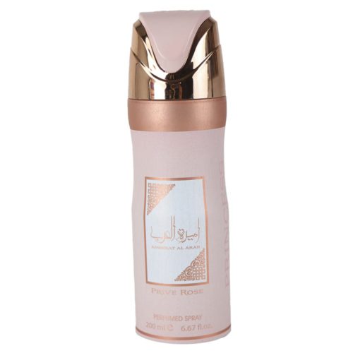 Vista frontal del spray perfumado Lattafa Asdaaf Ameerat Al Arab Prive Rose para mujer, 200 ml, en un elegante frasco rosa con detalles en oro rosa y marca decorativa.
