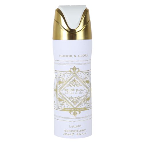 Vista frontal del spray perfumado Lattafa Bade'e Al Oud Honor & Glory, 200 ml, con un sofisticado diseño blanco y dorado y detalles decorativos.