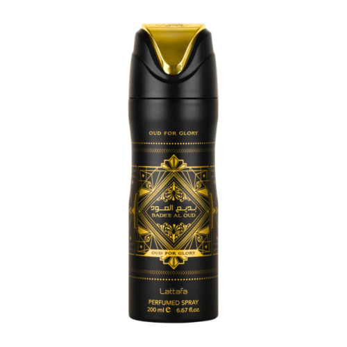 Lattafa Bade'e Al Oud Oud for Glory Spray perfumado, frasco de 200 ml, con un diseño ornamentado en negro y dorado con texto en árabe e inglés, que representa una lujosa fragancia unisex.