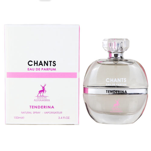 Maison Alhambra Chants Tendrina Eau de Parfum frasco y estuche de 100 ml, con frasco de cristal transparente con acento plateado y elegante envase rosa y blanco.
