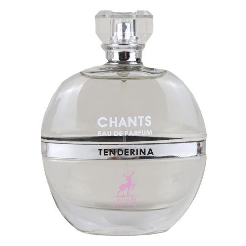 Frasco de Maison Alhambra Chants Tendrina Eau de Parfum, 100 ml, con forma redonda de cristal, detalles plateados y la marca Maison Alhambra.