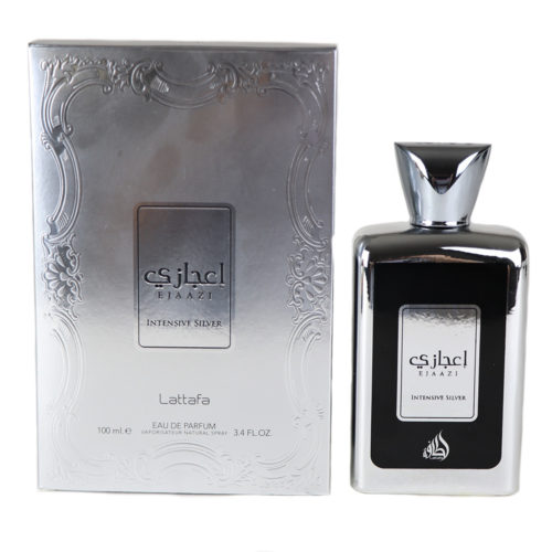 Eau de Parfum Ejaazi Intensive Silver de Lattafa, con una elegante caja plateada y un frasco de perfume metálico a juego con un sofisticado diseño.
