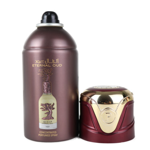 Vista frontal de Lattafa Pride Eternal Oud Spray Perfumado Concentrado para unisex, 200 ml. El frasco presenta un tapón granate y dorado con un emblema decorativo y una elegante etiqueta que muestra la marca y el nombre del producto.