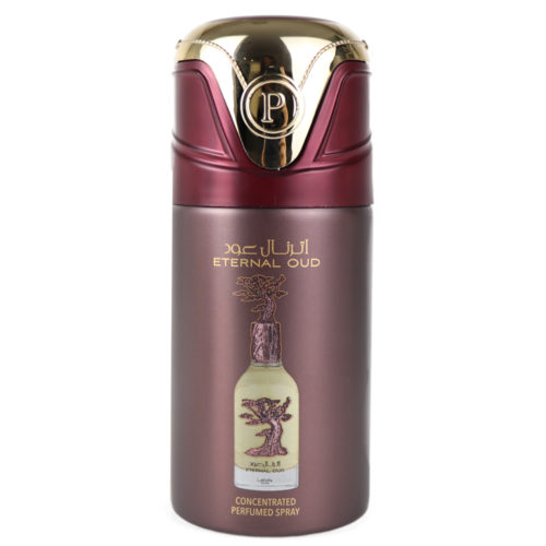 Lattafa Pride Eternal Oud Spray perfumado concentrado para unisex, 200 ml, con tapón retirado para mostrar la boquilla del pulverizador. El frasco presenta un lujoso diseño granate y dorado con una intrincada etiqueta.
