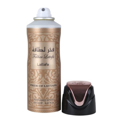 Lattafa Fakhar Pride of Lattafa spray perfumado para hombre, 200 ml, con un diseño ornamentado en dorado y negro con el tapón retirado, que deja ver la boquilla del spray.