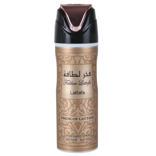 Vista frontal del spray perfumado para hombre Lattafa Fakhar Pride of Lattafa, de 200 ml, con un lujoso diseño dorado y negro, que muestra la marca y el nombre del producto.