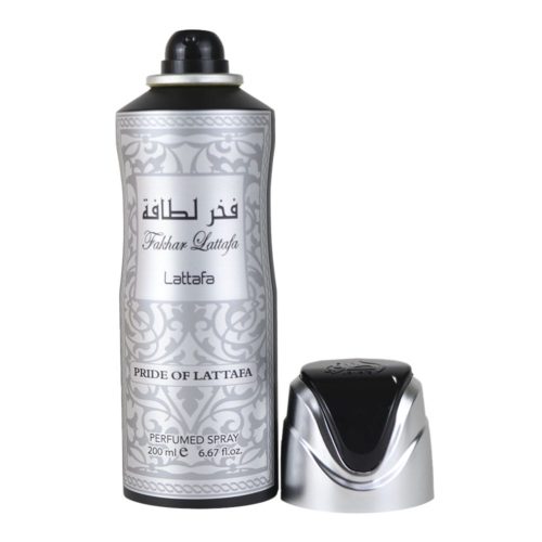 Lattafa Fakhar Silver spray perfumado para hombre, 200 ml, con intrincado diseño plateado y negro, y tapón negro parcialmente retirado