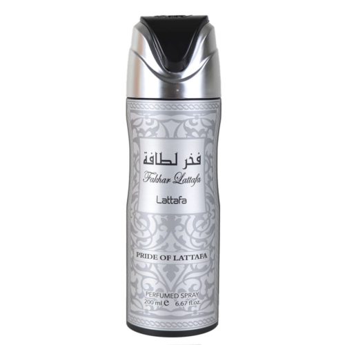 Vista frontal del spray perfumado Lattafa Fakhar Silver para hombre, de 200 ml, con un elegante diseño plateado y negro y el texto «Pride of Lattafa» en la base.