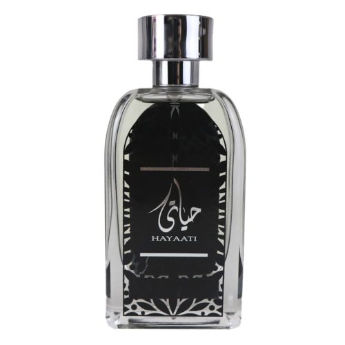 Detalle del frasco de Hayaati Eau de Parfum 100 ml de Ard Al Zaafaran, con un diseño de cristal transparente y la marca plateada.