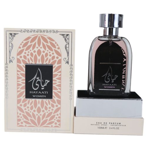 Hayaati Women's Eau de Parfum 100 ml de Ard Al Zaafaran, con una caja decorativa rosa y beige con intrincados diseños plateados y un elegante frasco negro.