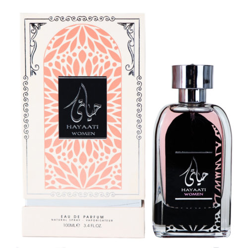 Hayaati Women's Eau de Parfum 100 ml de Ard Al Zaafaran, con una caja decorativa rosa y beige con intrincados diseños plateados y un elegante frasco negro.