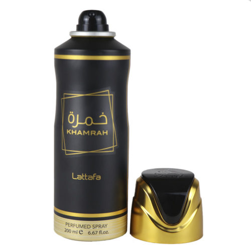 Spray perfumado Khamrah 200 ml de Lattafa Pride con el tapón negro y dorado retirado, mostrando la boquilla del spray.
