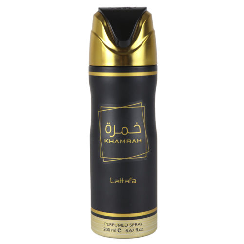 Vista frontal del spray perfumado Khamrah de 200 ml de Lattafa Pride en un elegante bote negro y dorado con texto en árabe e inglés.